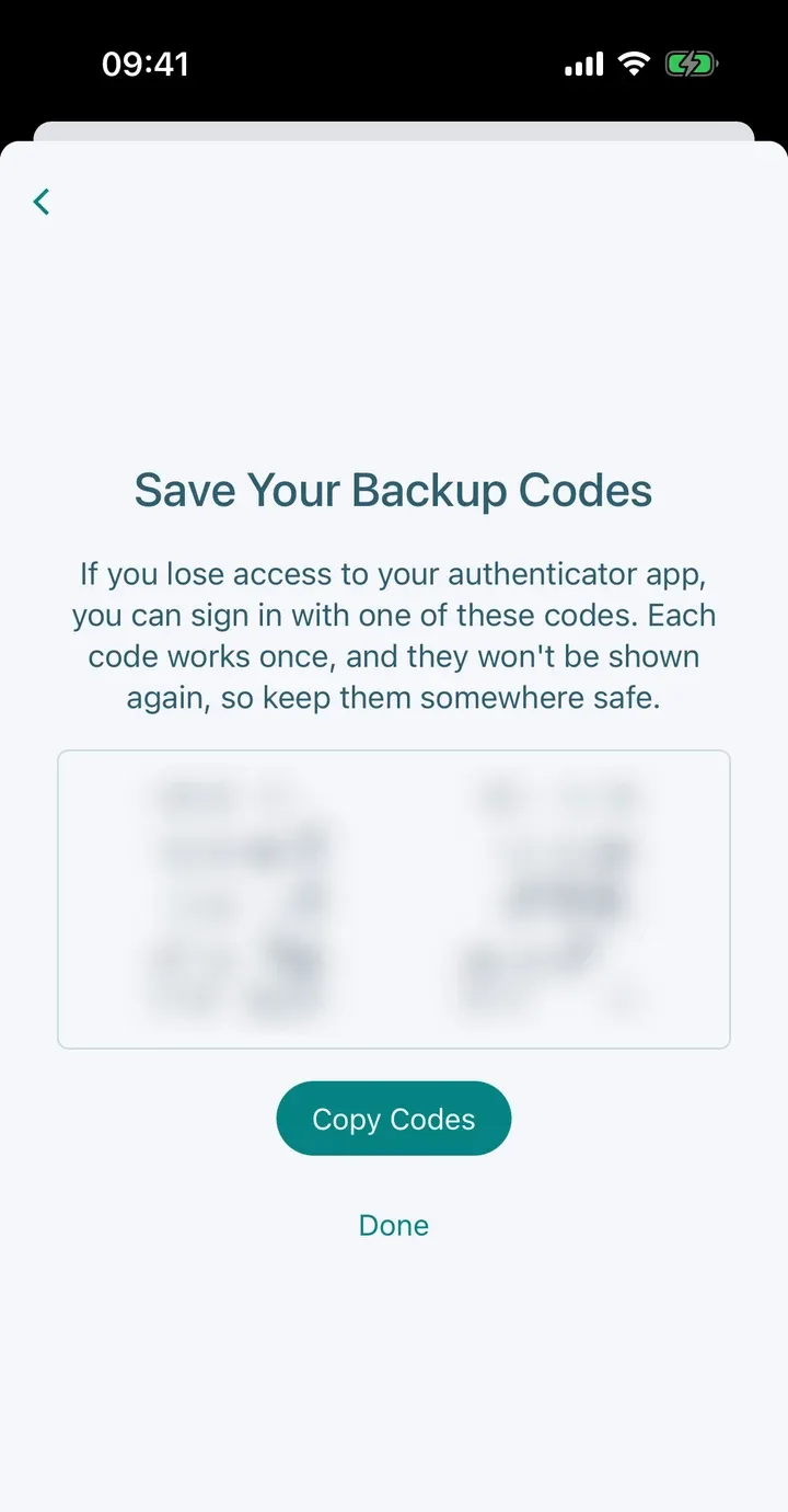 The Save Your Backup Codes screen with the codes hidden, and Copy Codes and Done buttons