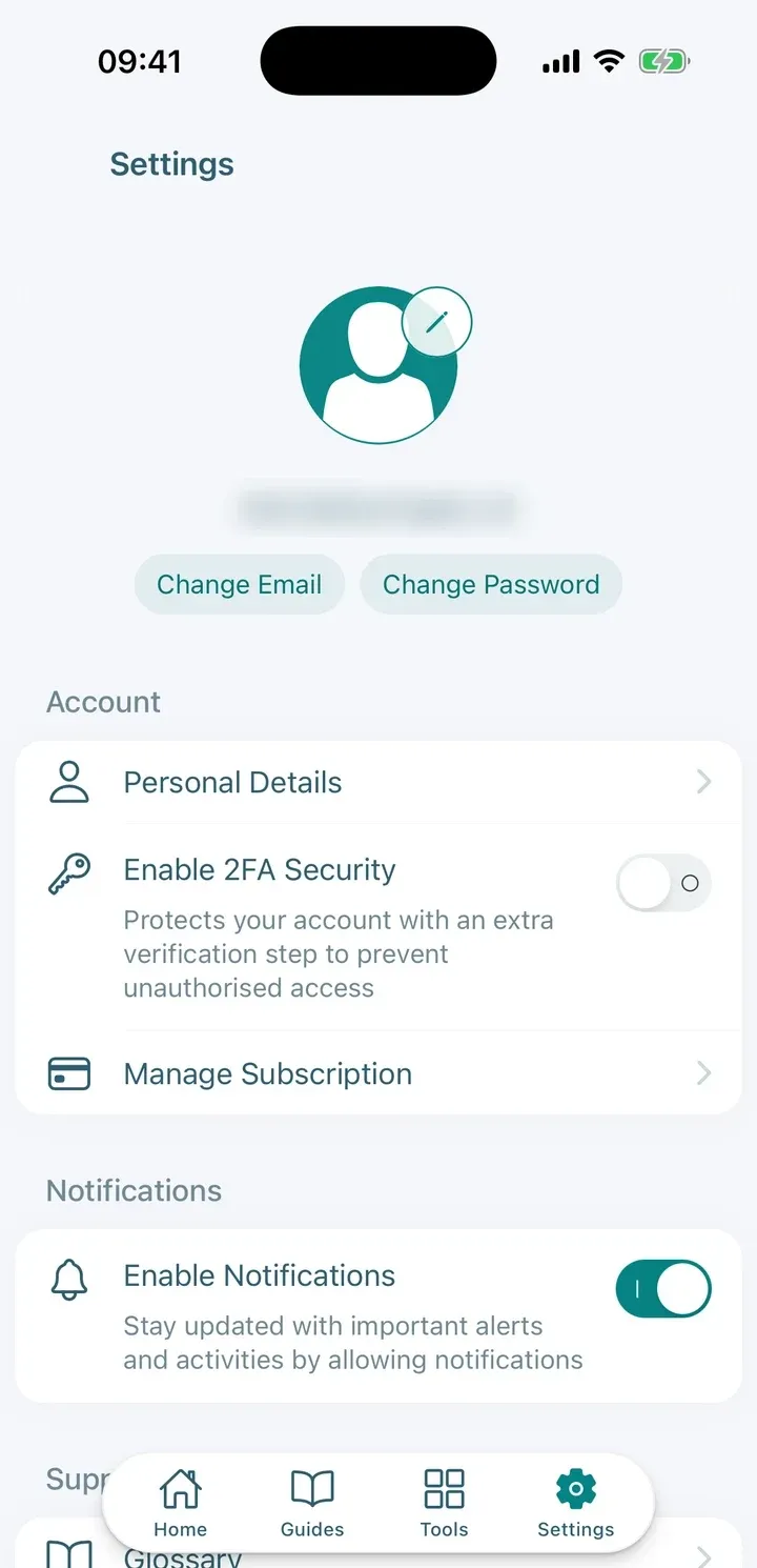 Settings screen with the Enable 2FA Security switch