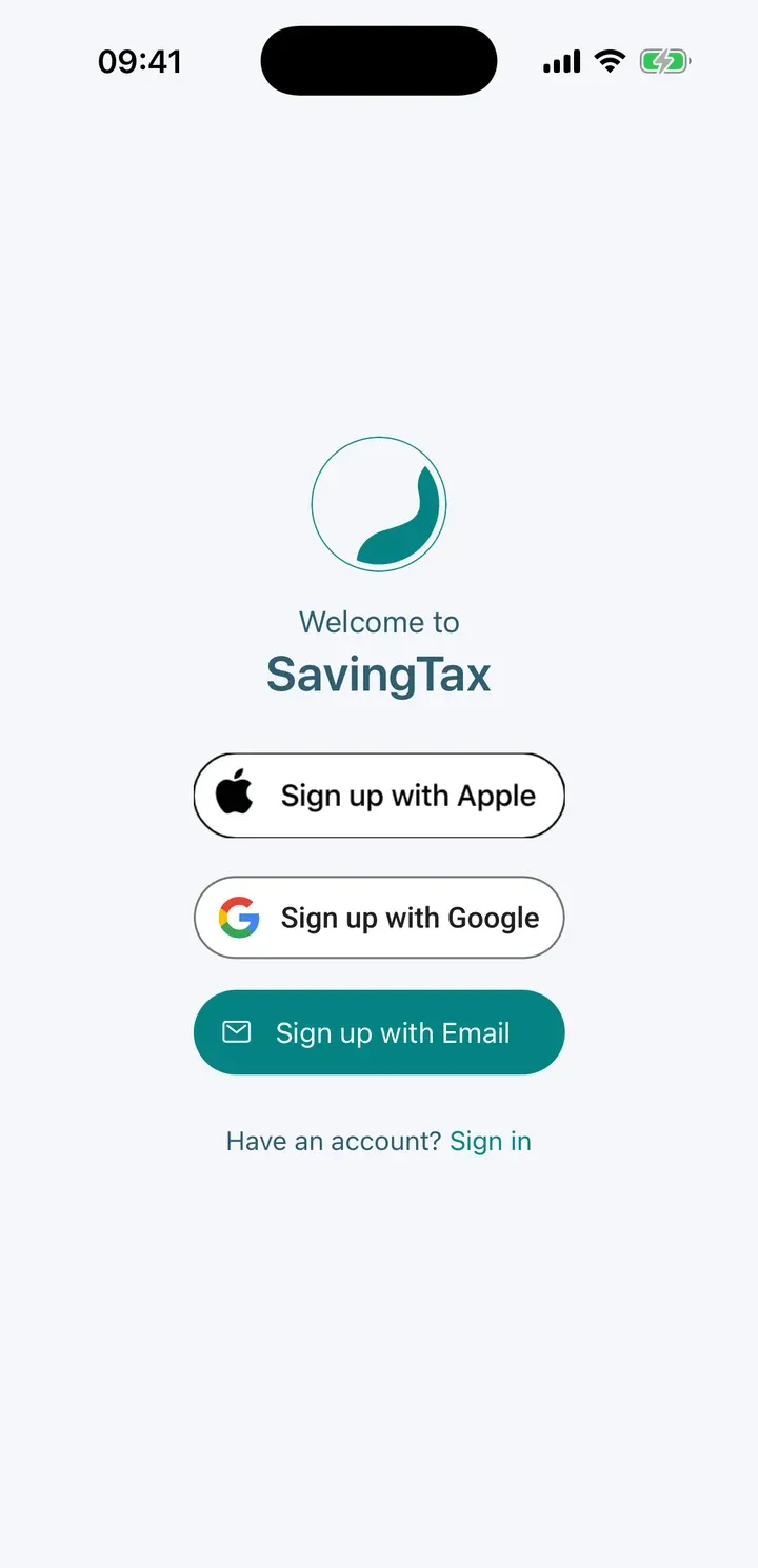 Sign-up screen with Sign up with Google and Sign up with Email buttons and a Sign in link, plus a Sign up with Apple button