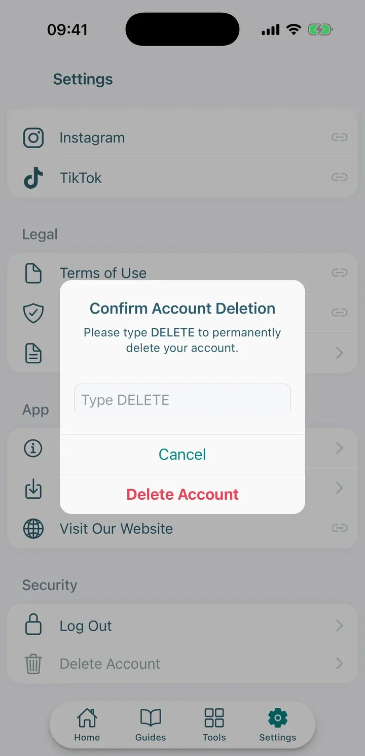 The Confirm Account Deletion box asking you to type DELETE, with Cancel and Delete Account buttons