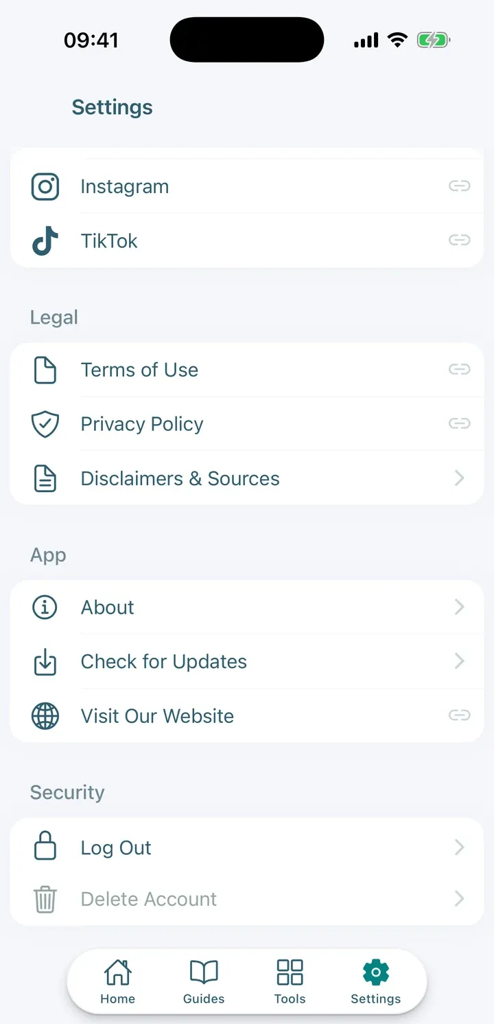 Settings screen scrolled to the Security section, with Log Out and Delete Account
