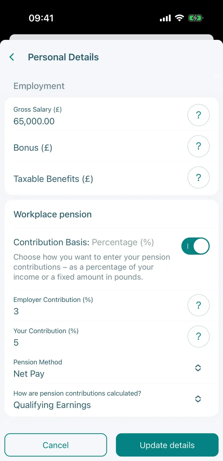 Personal Details screen showing the Workplace pension section: 3% employer and 5% employee contribution, Net Pay method