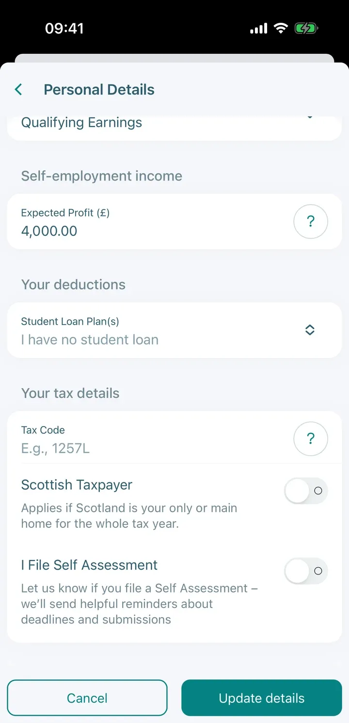Personal Details screen with the Self-employment income section and an Expected Profit of 4,000 entered