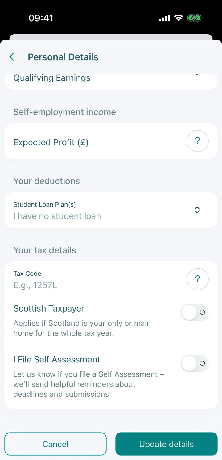 Personal Details screen showing Your deductions (Student Loan Plan) and Your tax details (Tax Code, Scottish Taxpayer)