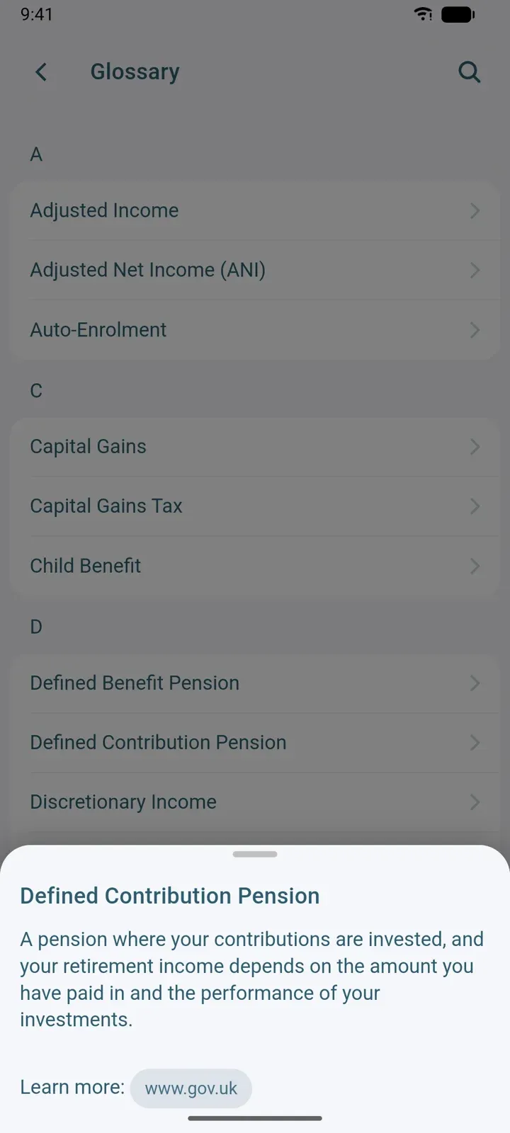 The Glossary with the Defined Contribution Pension entry open