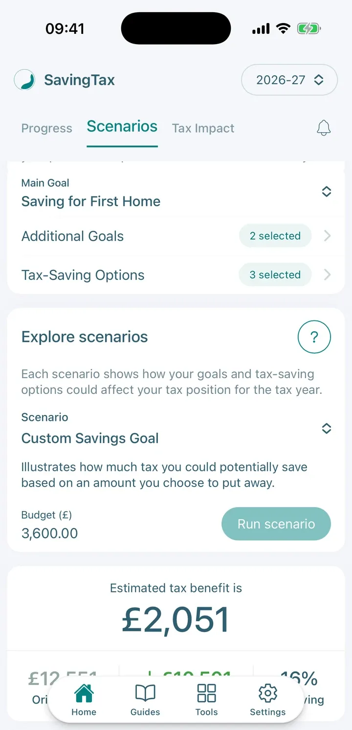 Scenarios tab with the Budget (£) field filled in with 3,600