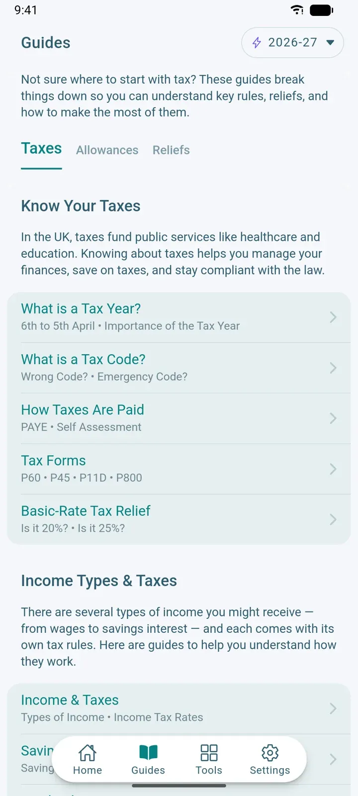 Guides tab with Taxes, Allowances and Reliefs sections