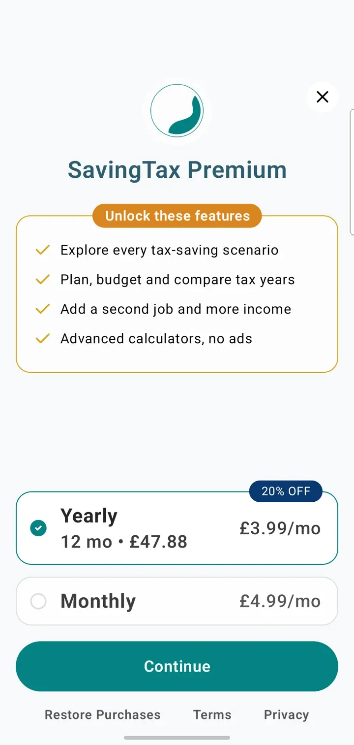 SavingTax Premium screen listing what Premium includes, with Yearly and Monthly plans and a Continue button