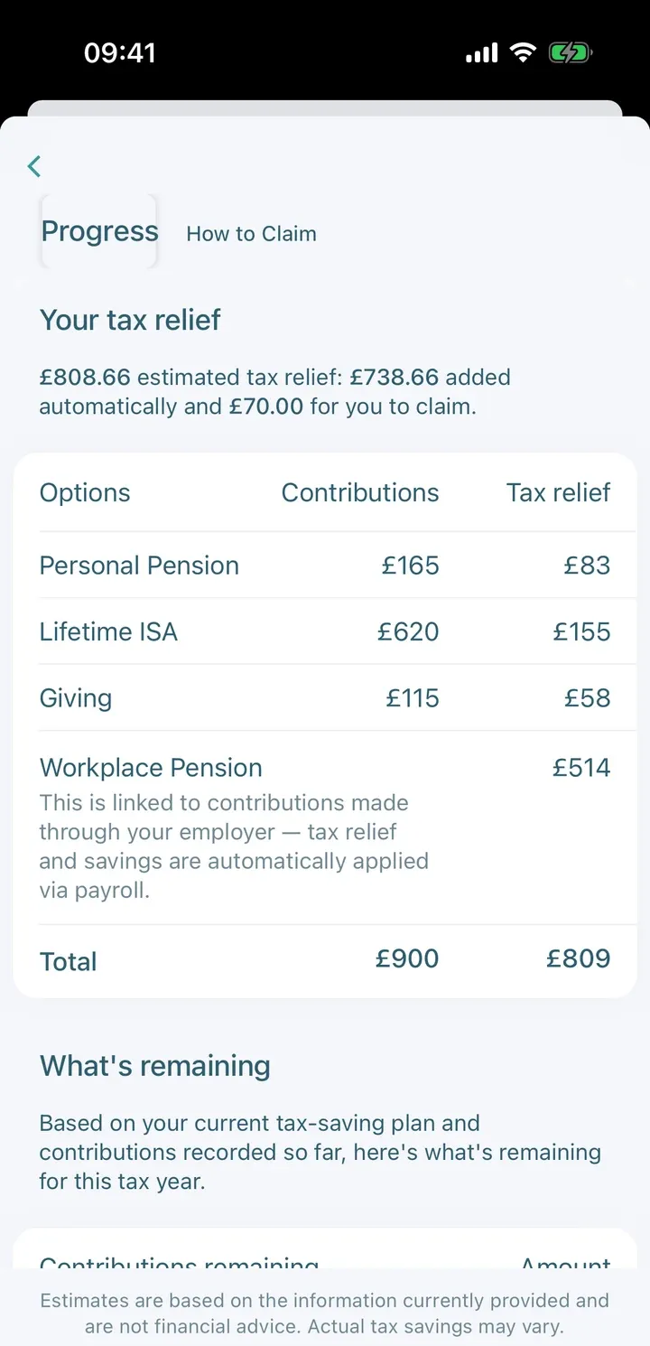 Tax relief breakdown showing contributions and tax relief for each option, plus workplace pension