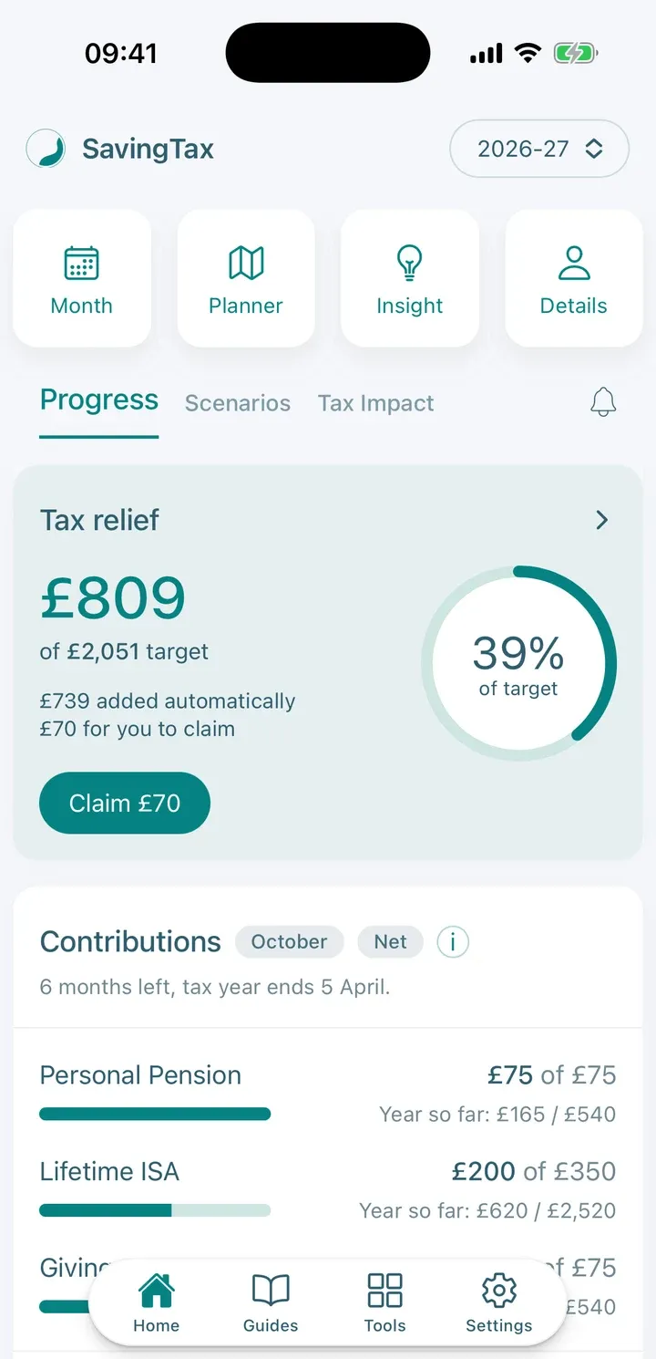 Progress tab showing tax relief against your target, then this month’s contributions by option