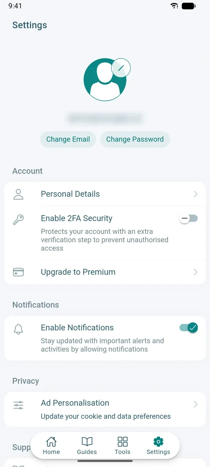 Settings screen, Account section, with Personal Details, Enable 2FA Security and Upgrade to Premium