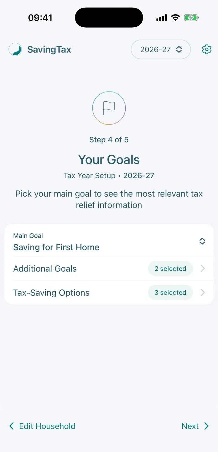 Setup step 4 of 5, Your Goals, with Saving for First Home chosen as the Main Goal