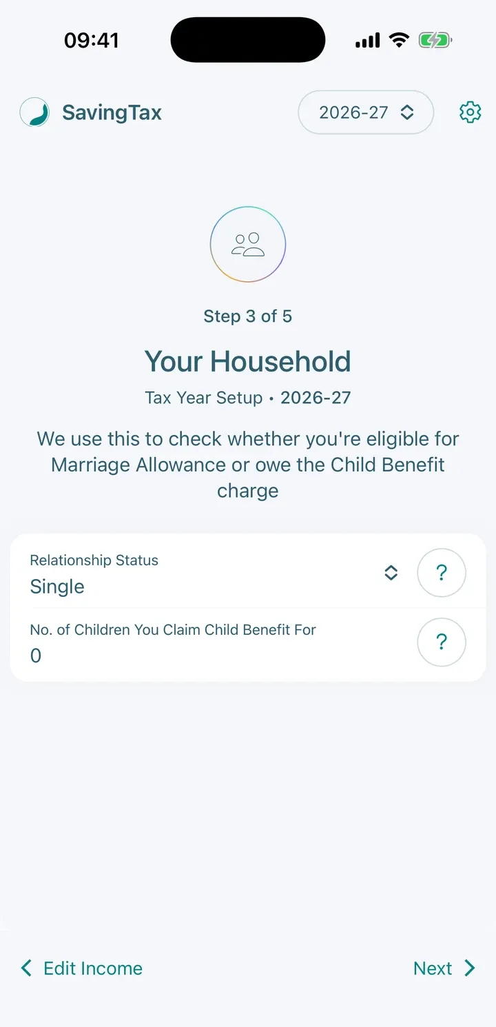 Setup step 3 of 5, Your Household, with Relationship Status and the number of children you claim Child Benefit for