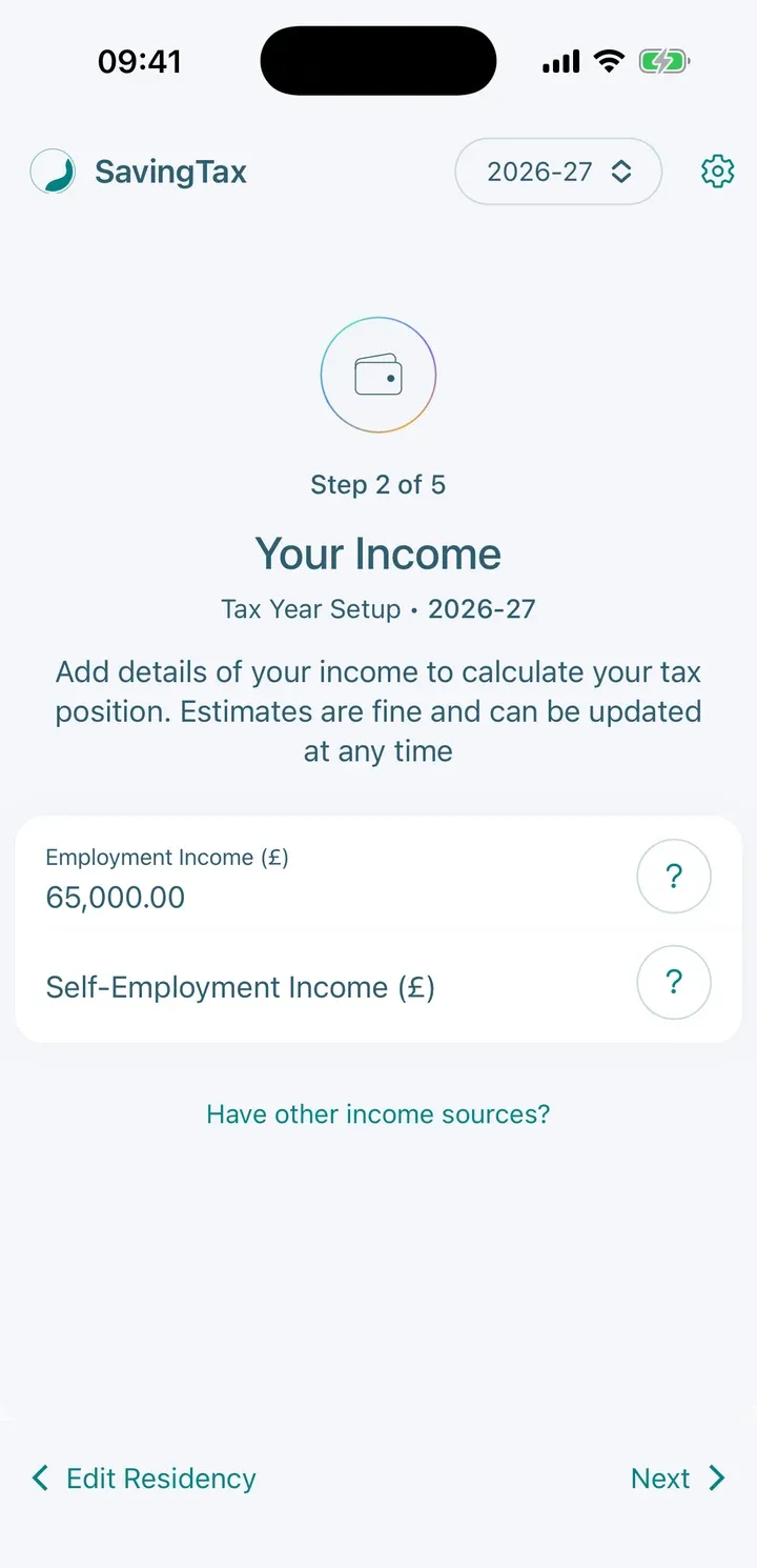 Setup step 2 of 5, Your Income, with Employment Income of 65,000 and a Self-Employment Income field