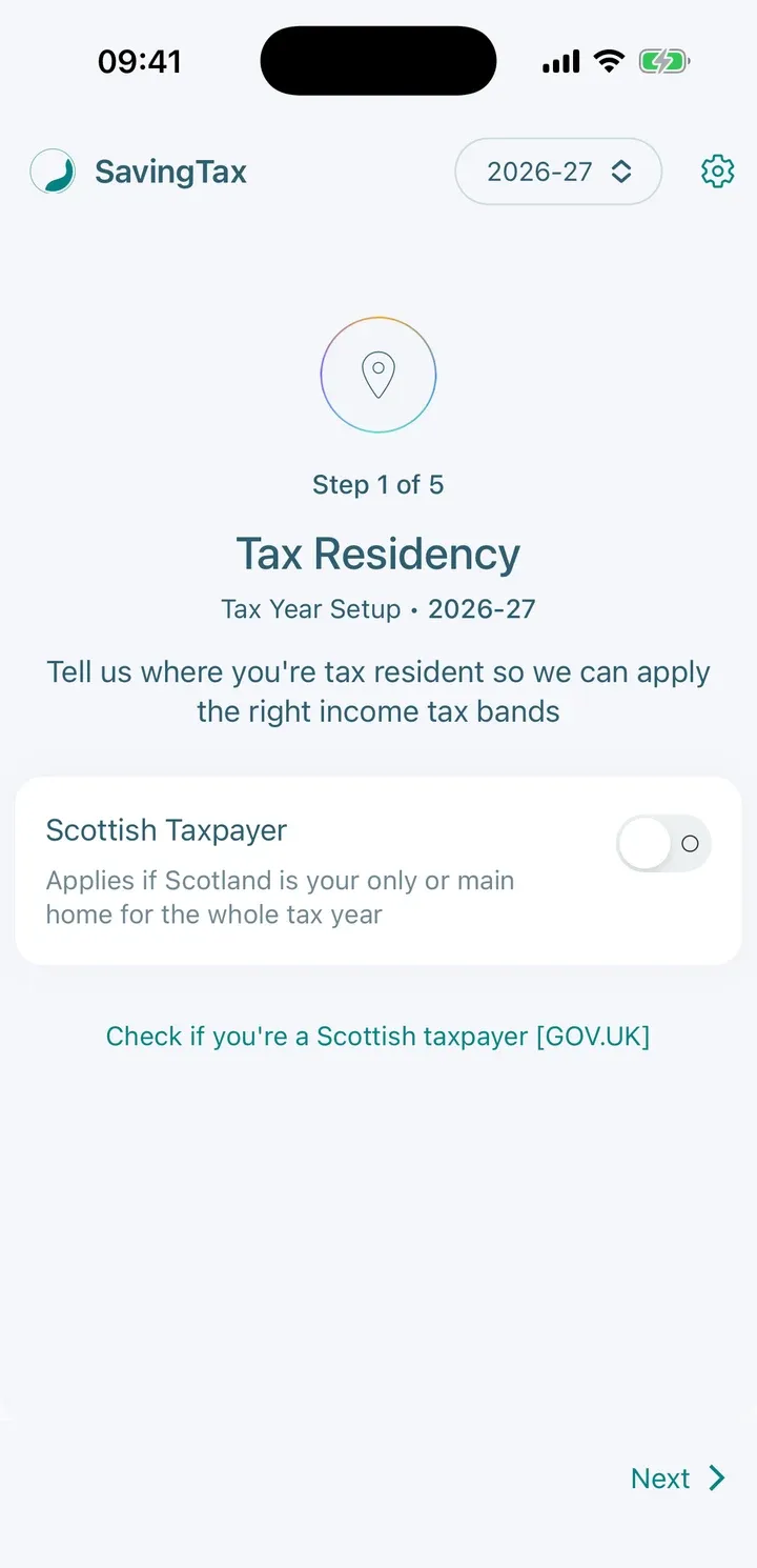 Setup step 1 of 5, Tax Residency, with the Scottish Taxpayer toggle