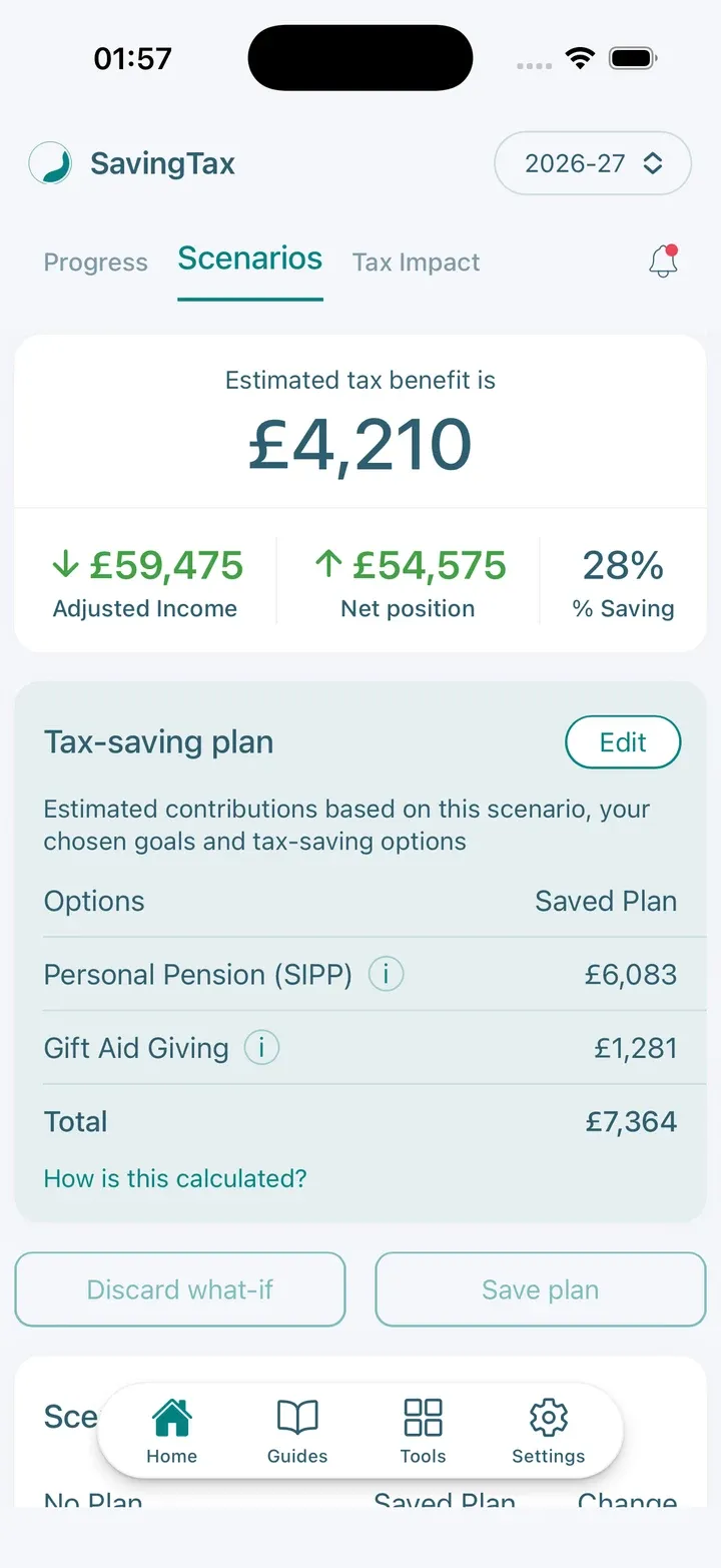 The tax-saving plan screen