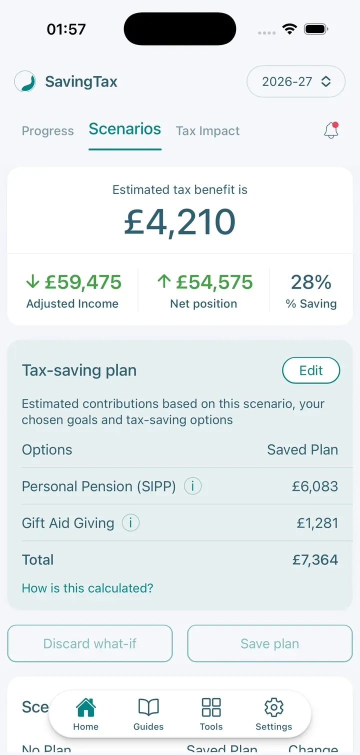 The tax-saving plan screen