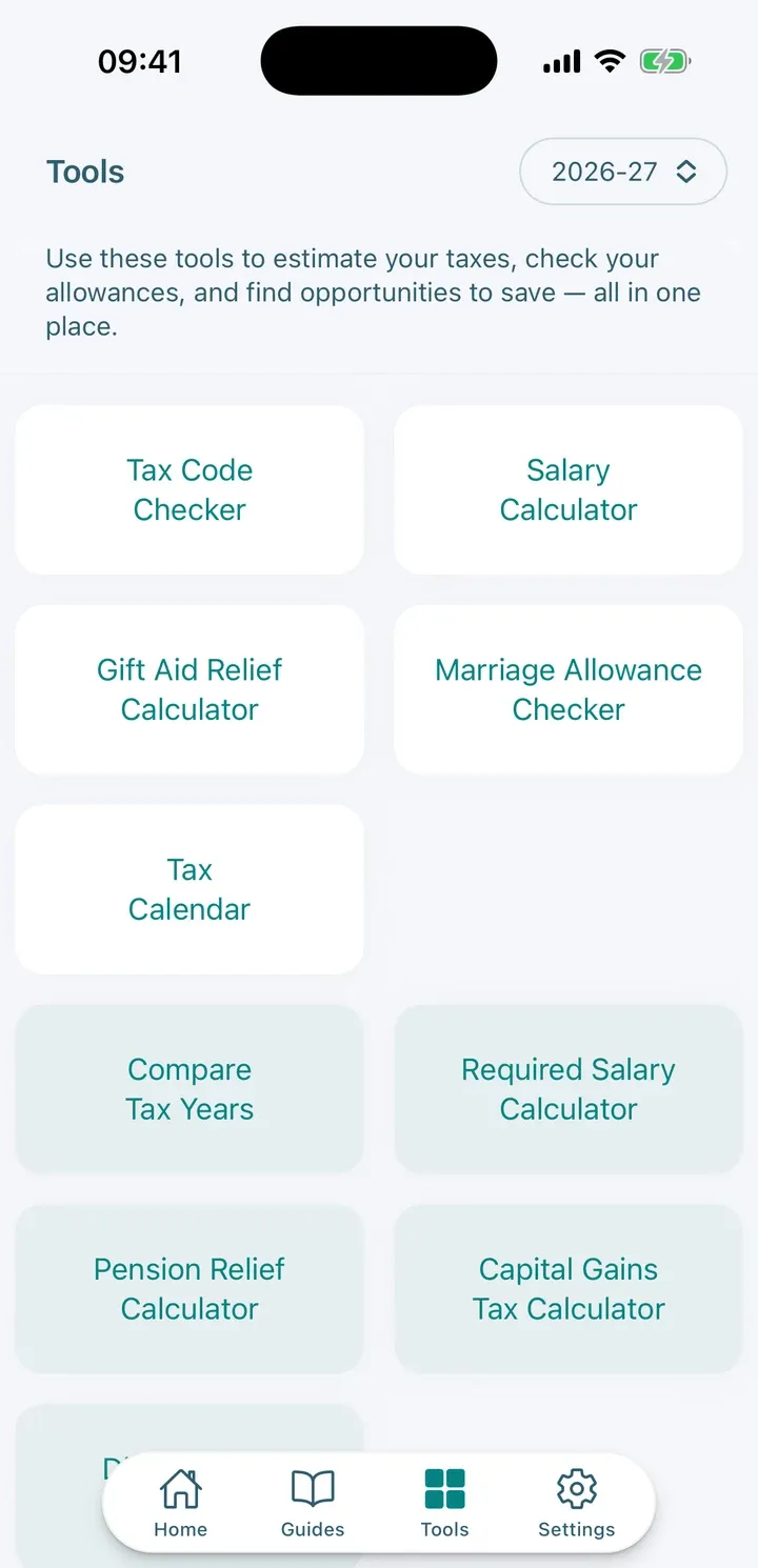 Tools tab showing the calculators, including Salary Calculator and Gift Aid Relief Calculator